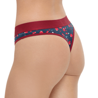 Bikini bottom with red waistband and blue pattern on a white background