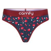 Red heart-patterned underwear with 'comfy' waistband on a white background