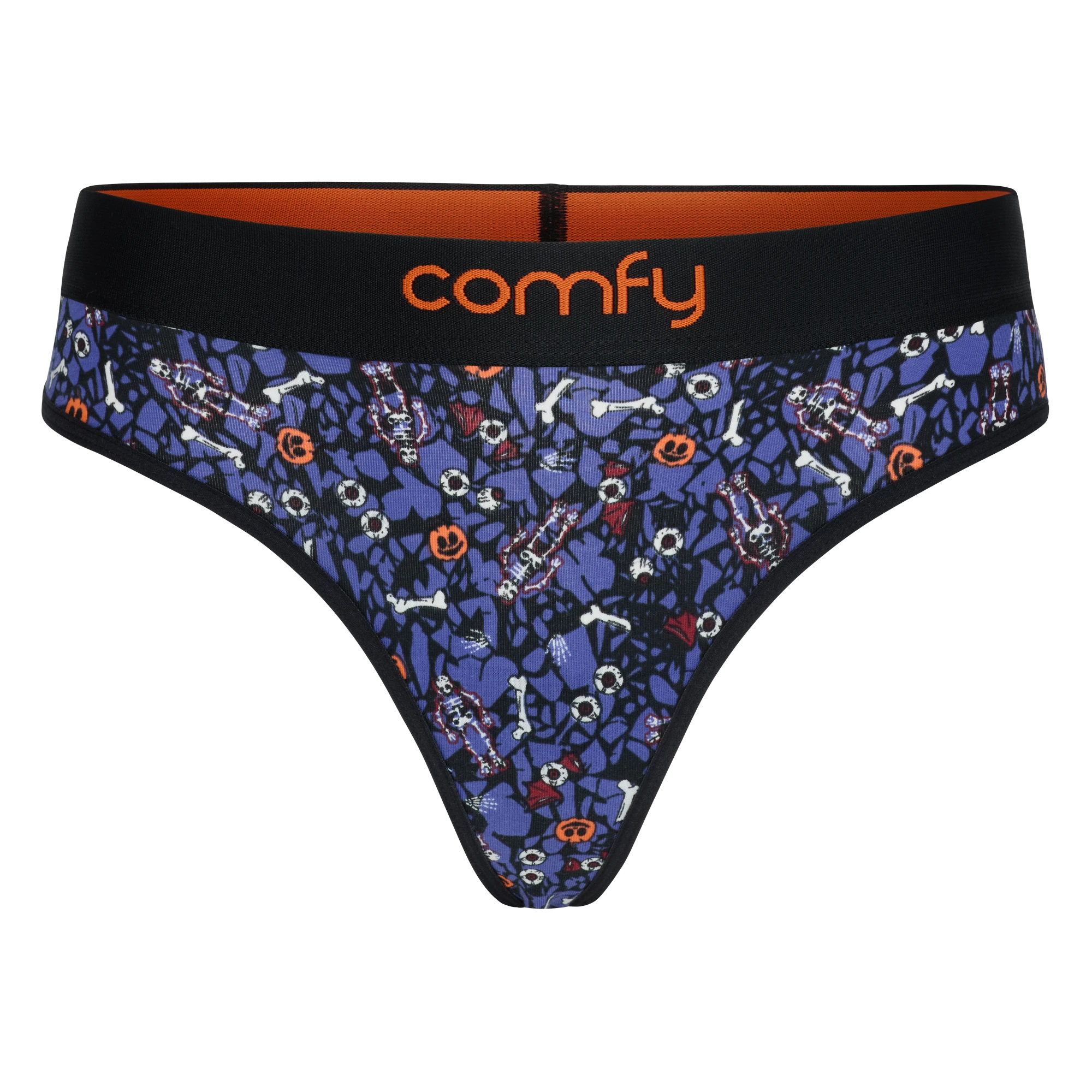 fit:string | quantity:1x | A pair of women's thong-style underwear by Comfy, featuring a dark blue and black Halloween-themed pattern with bones, ghosts, and jack-o'-lanterns, a black waistband with orange interior lining, and the brand name 'comfy' in orange on the front.