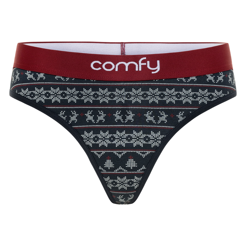 Patterned underwear with red waistband and 'comfy' branding on a white background