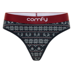 Patterned underwear with red waistband and 'comfy' branding on a white background