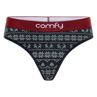 Patterned underwear with red waistband and 'comfy' branding on a white background