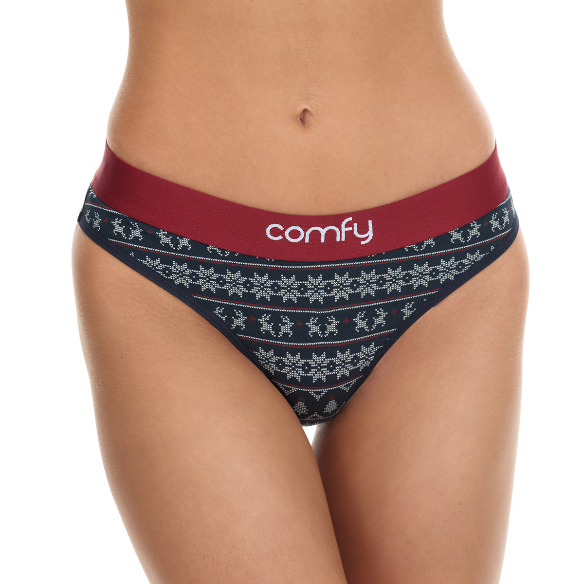 Patterned underwear with 'comfy' branding on a white background