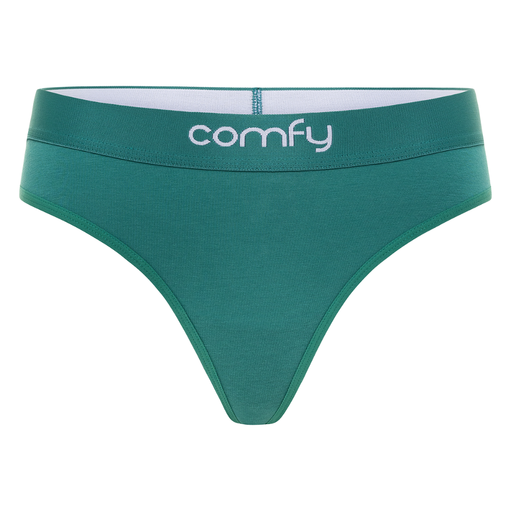 Green men's underwear with 'comfy' waistband on a white background