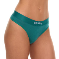 Teal underwear with 'comfy' branding on a white background