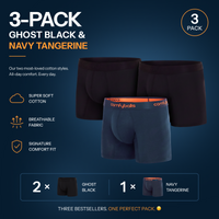 fit:long | qty:1x | menge:1x | A 3-pack of Corryballs men's cotton briefs in Ghost Black and Navy Tangerine, displayed on a dark blue background with product features and quantity details.