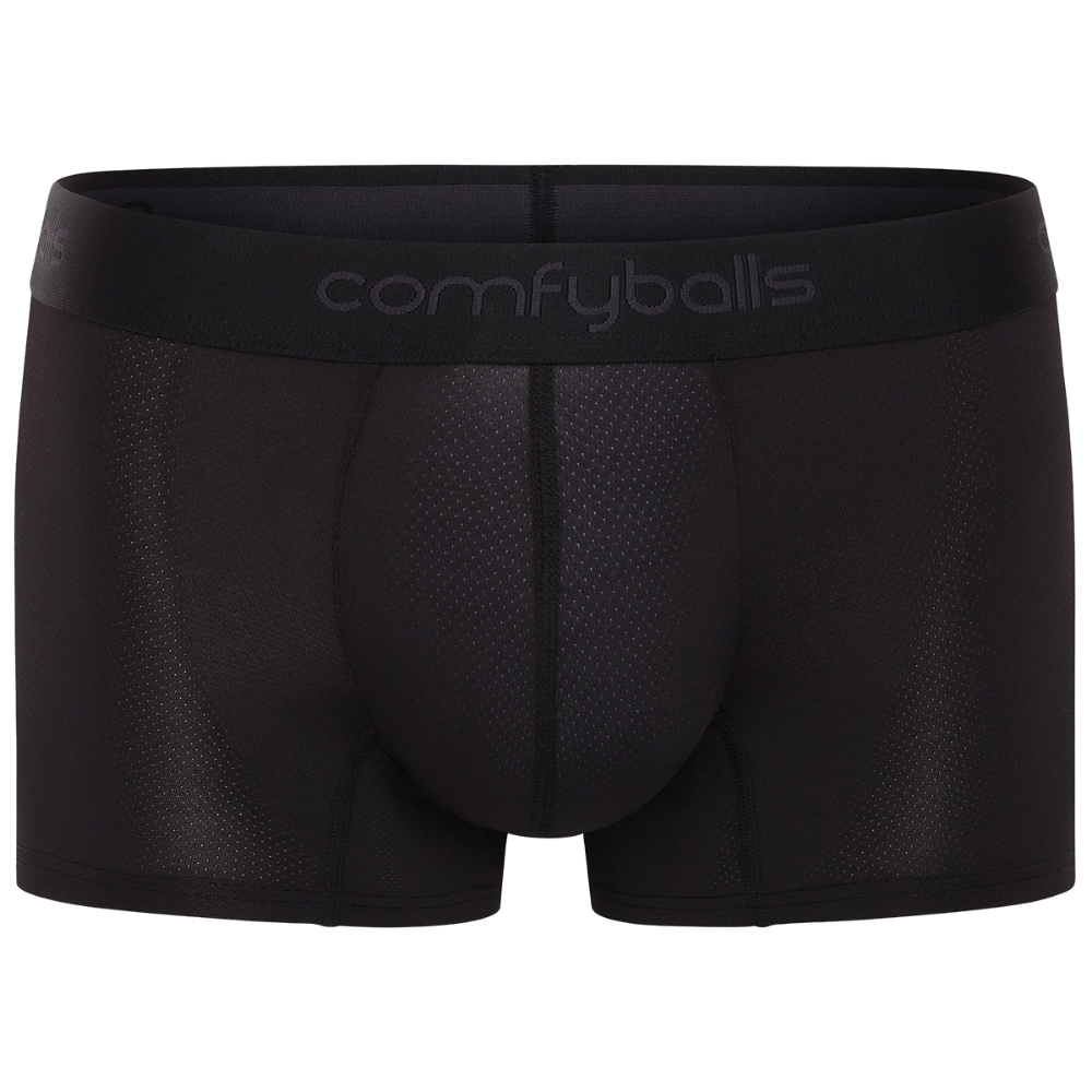 fit:regular | qty:1x | menge:1x | Black Comfyballs men's boxer briefs with a textured mesh pattern and a wide elastic waistband featuring the brand name in gray.
