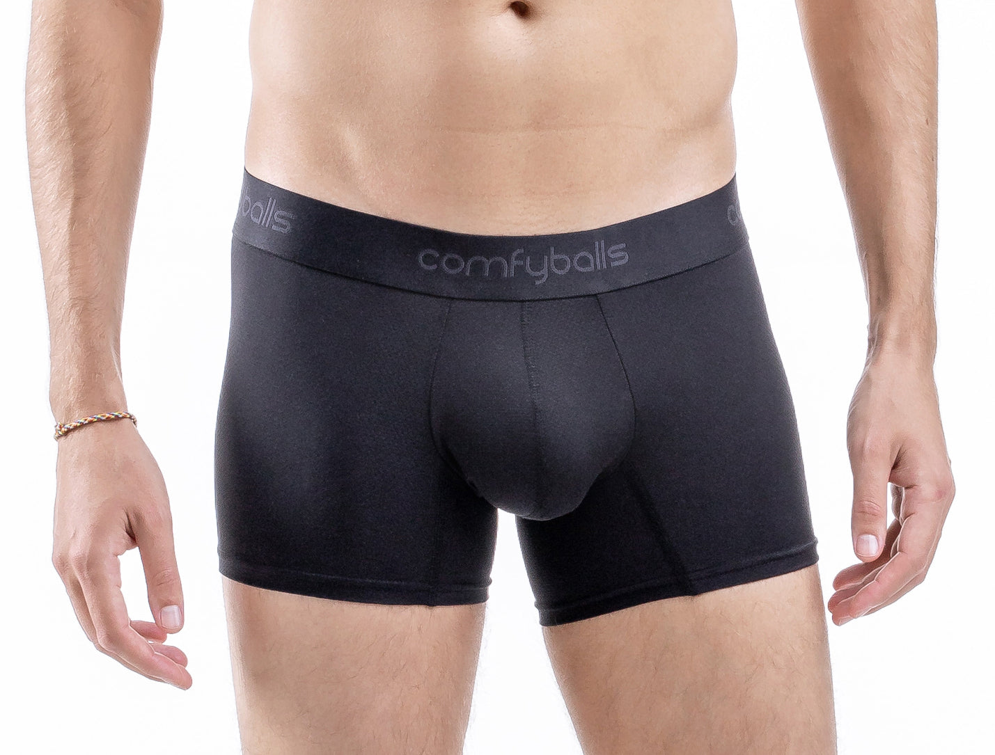 fit:regular | qty:1x | menge:1x | A shirtless male model wearing black Cornyballs boxer briefs against a plain white studio background.