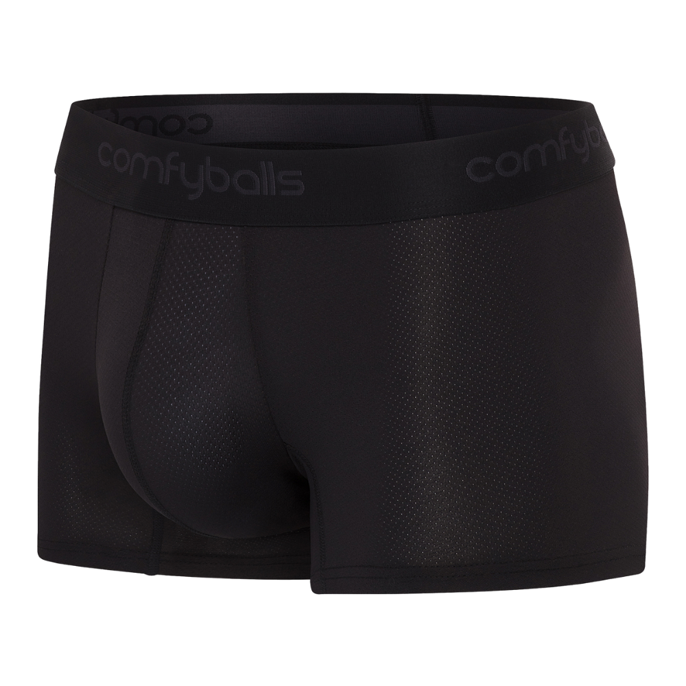 fit:regular | qty:1x | menge:1x | Black Comfyballs men's boxer briefs with a textured mesh fabric and a wide elastic waistband featuring the brand name.