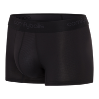 fit:regular | qty:1x | menge:1x | Black Comfyballs men's boxer briefs with a textured mesh fabric and a wide elastic waistband featuring the brand name.