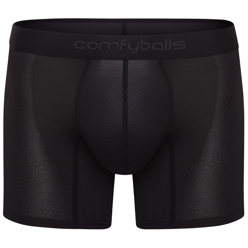 fit:long | qty:1x | menge:1x | Black Comfyballs men's boxer briefs with a textured mesh pattern and a wide elastic waistband featuring the brand name.