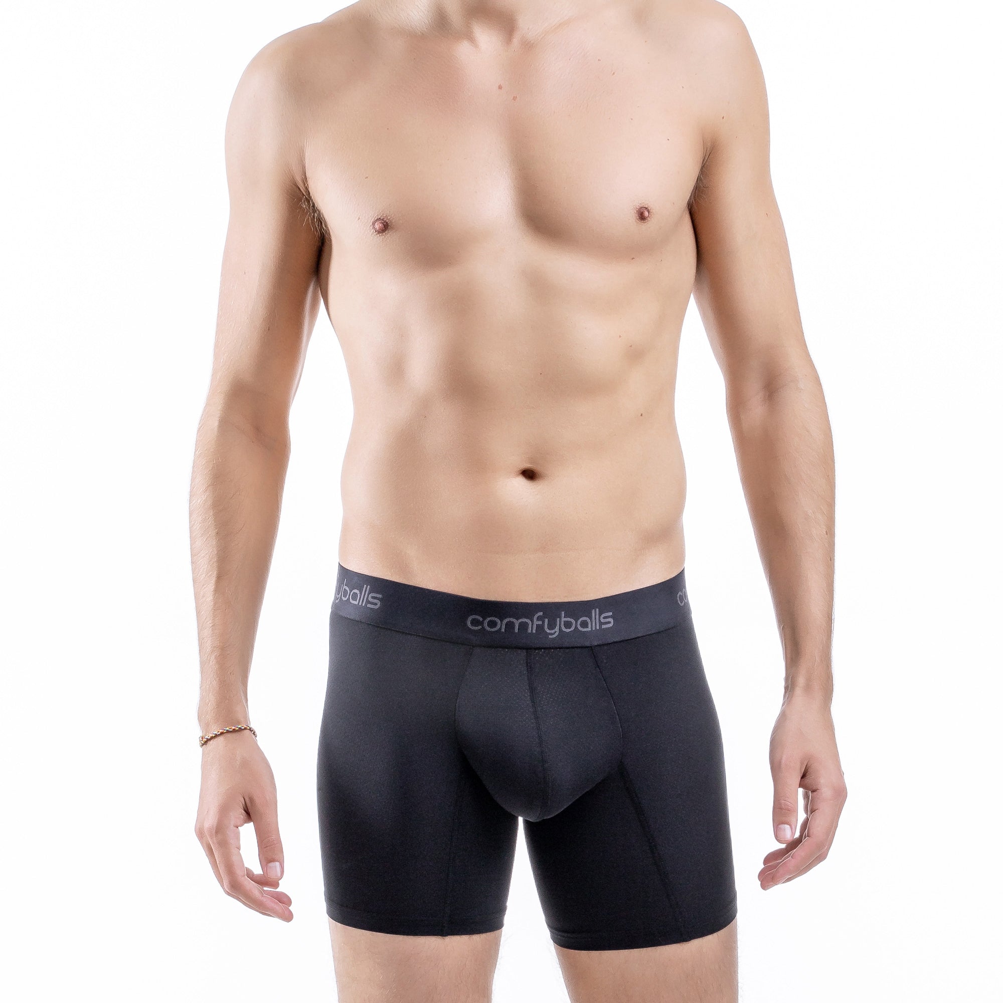 fit:long | qty:1x | menge:1x | A shirtless male model wearing black Cornfyballs boxer briefs against a plain white background.