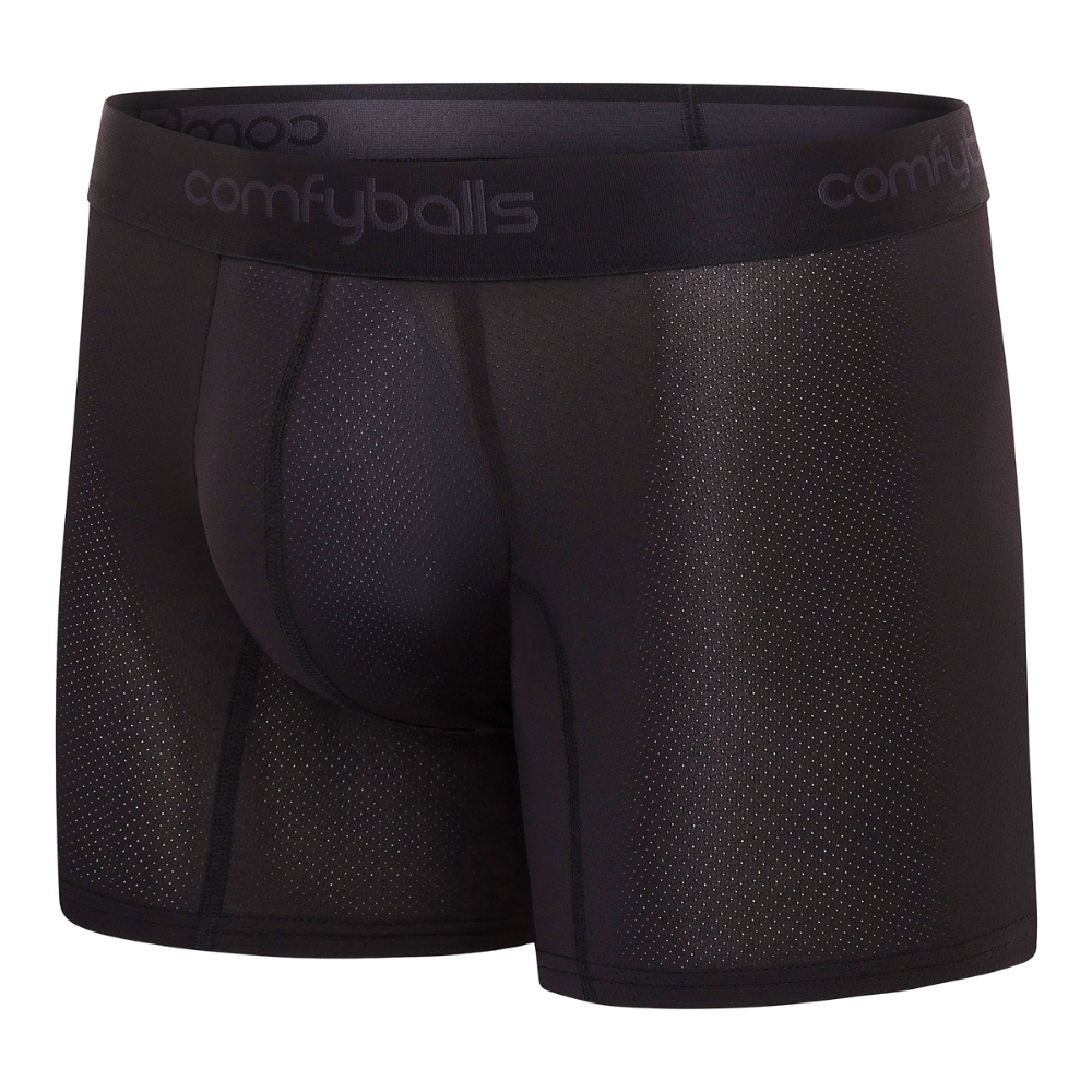fit:long | qty:1x | menge:1x | Black Comfyballs men's boxer briefs with a breathable mesh pattern and a wide elastic waistband featuring the brand name.