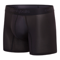 fit:long | qty:1x | menge:1x | Black Comfyballs men's boxer briefs with a breathable mesh pattern and a wide elastic waistband featuring the brand name.