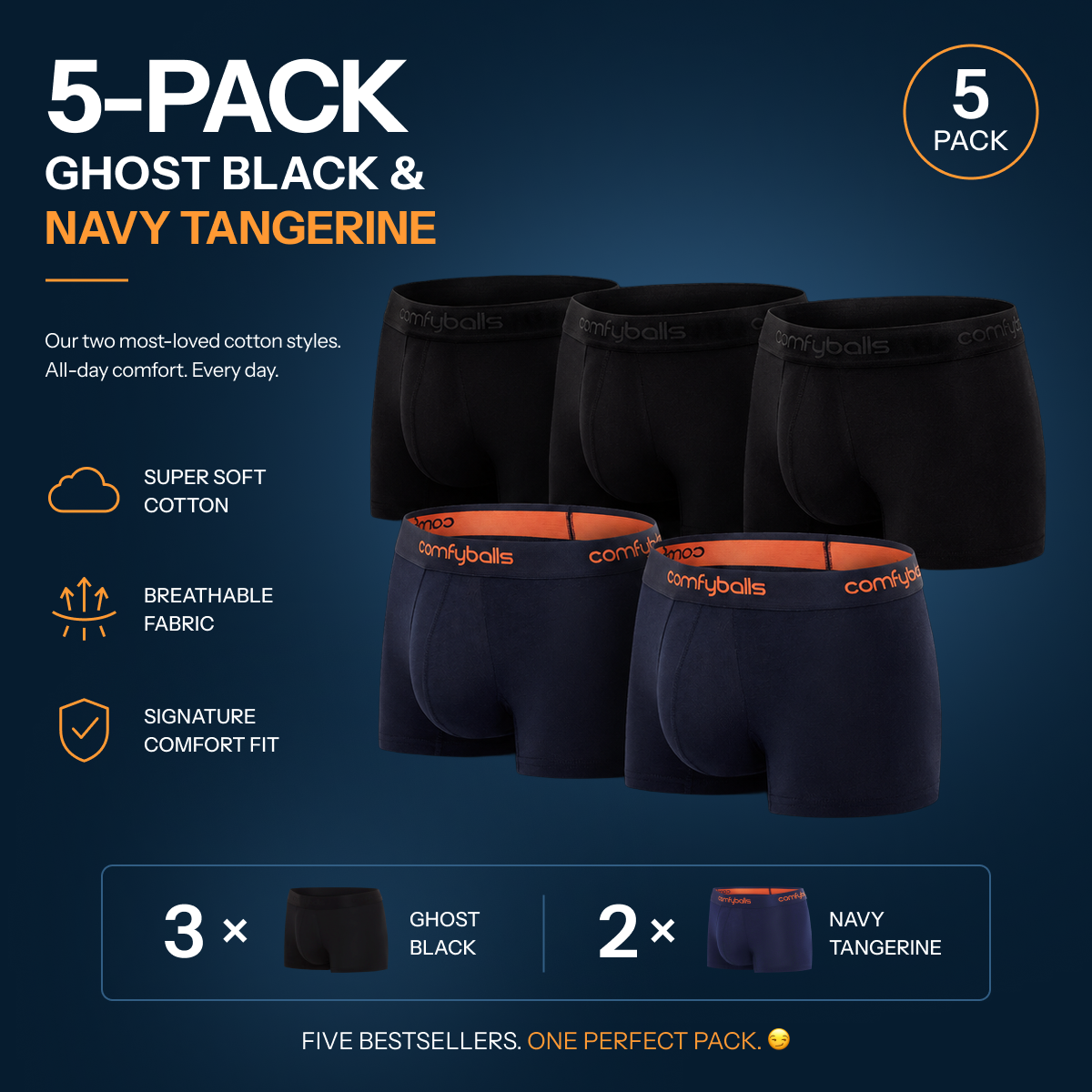 fit:regular | qty:1x | menge:1x | 5-pack of Ghost Black and Navy Tangerine underwear on a black background with product details.
