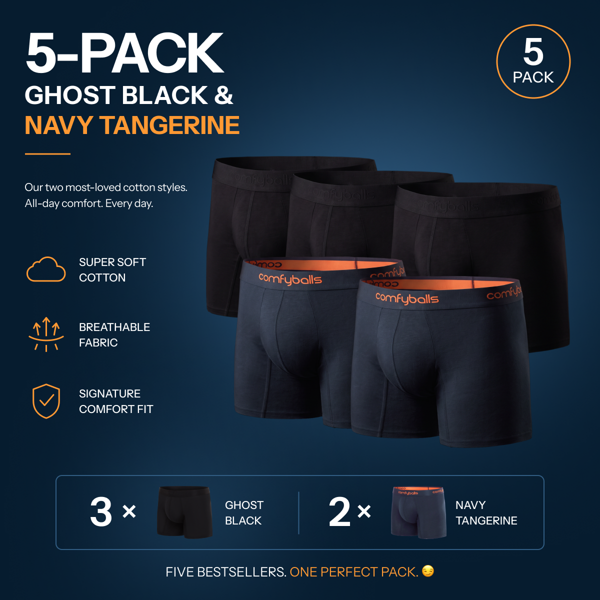 fit:long | qty:1x | menge:1x | A 5-pack promotional graphic for men's boxer briefs in Ghost Black and Navy Tangerine. The image shows five pairs of underwear arranged together, with three in black and two in navy blue, each featuring a bright orange inner waistband and the 'comfyballs' brand name printed on the front.