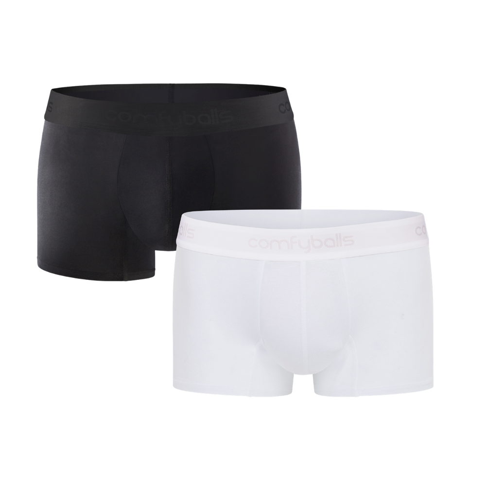 fit:regular | qty:1x | menge:1x | Two pairs of Comfyballs Comfycel men's REGULAR length boxer briefs, one black and one white, displayed against a solid white background.