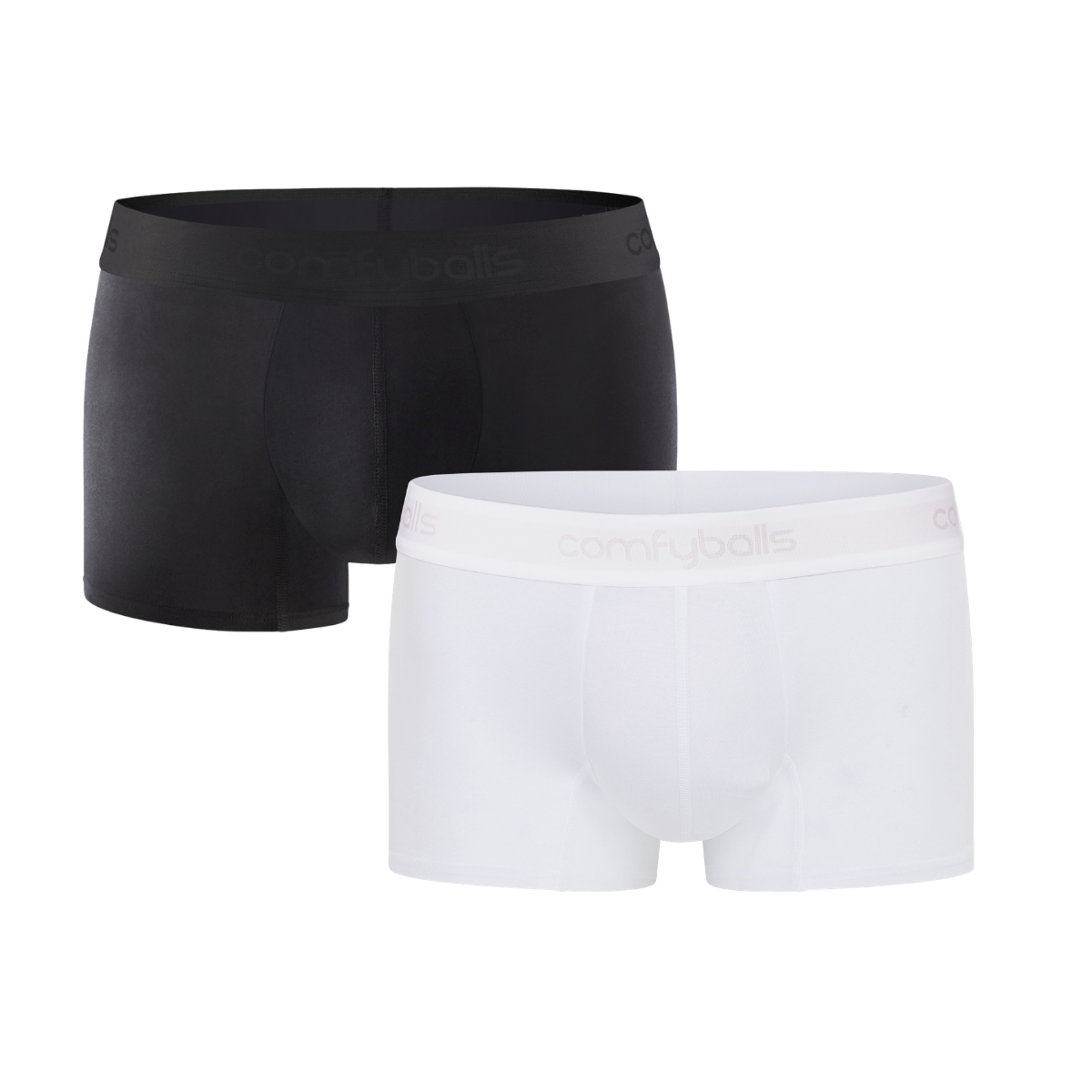 fit:regular | qty:1x | menge:1x | Two pairs of Comfyballs Comfycel men's REGULAR length boxer briefs, one black and one white, displayed against a solid white background.