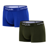 fit:regular | qty:1x | menge:1x | Two pairs of Comfyballs Comfycel men's REGULAR length boxer briefs, one green and one blue, displayed against a solid white background.