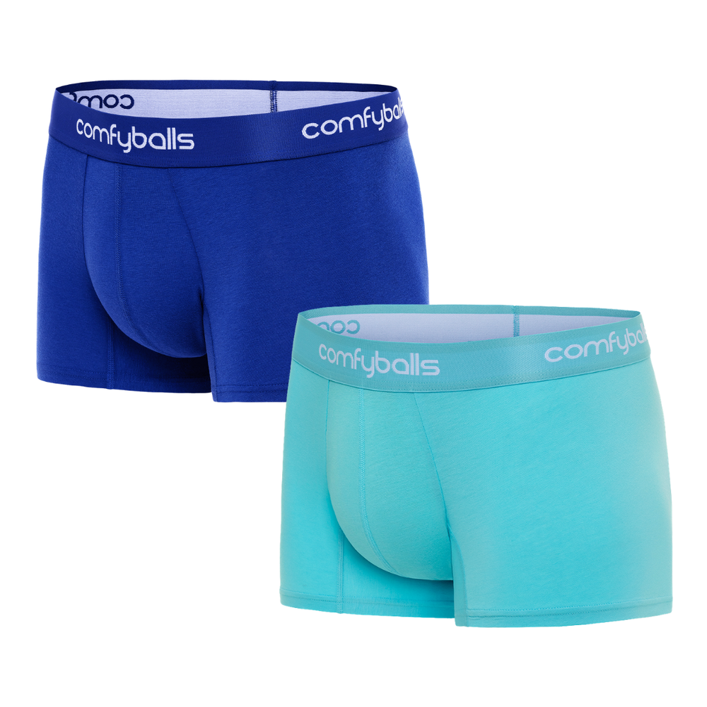 fit:regular | qty:1x | menge:1x | Two pairs of Comfyballs Comfycel men's REGULAR length boxer briefs, one blue and one sky blue, displayed against a solid white background.