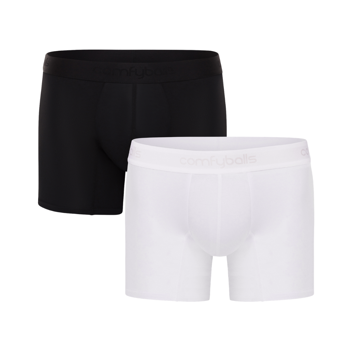 fit:regular | qty:1x | menge:1x | Two pairs of Comfyballs Comfycel men's LONG length boxer briefs, one black and one white, displayed against a solid white background.
