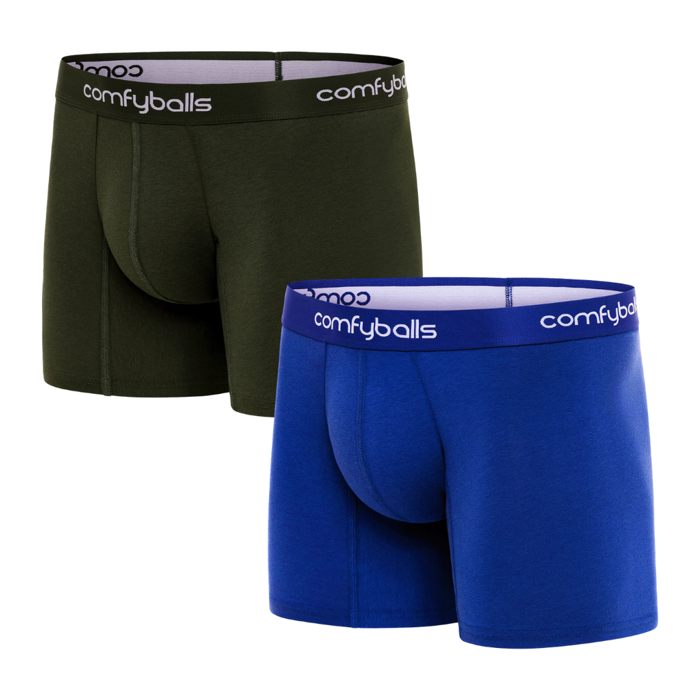 fit:regular | qty:1x | menge:1x | Two pairs of Comfyballs Comfycel men's LONG length boxer briefs, one green and one blue, displayed against a solid white background.