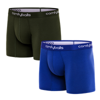 fit:regular | qty:1x | menge:1x | Two pairs of Comfyballs Comfycel men's LONG length boxer briefs, one green and one blue, displayed against a solid white background.