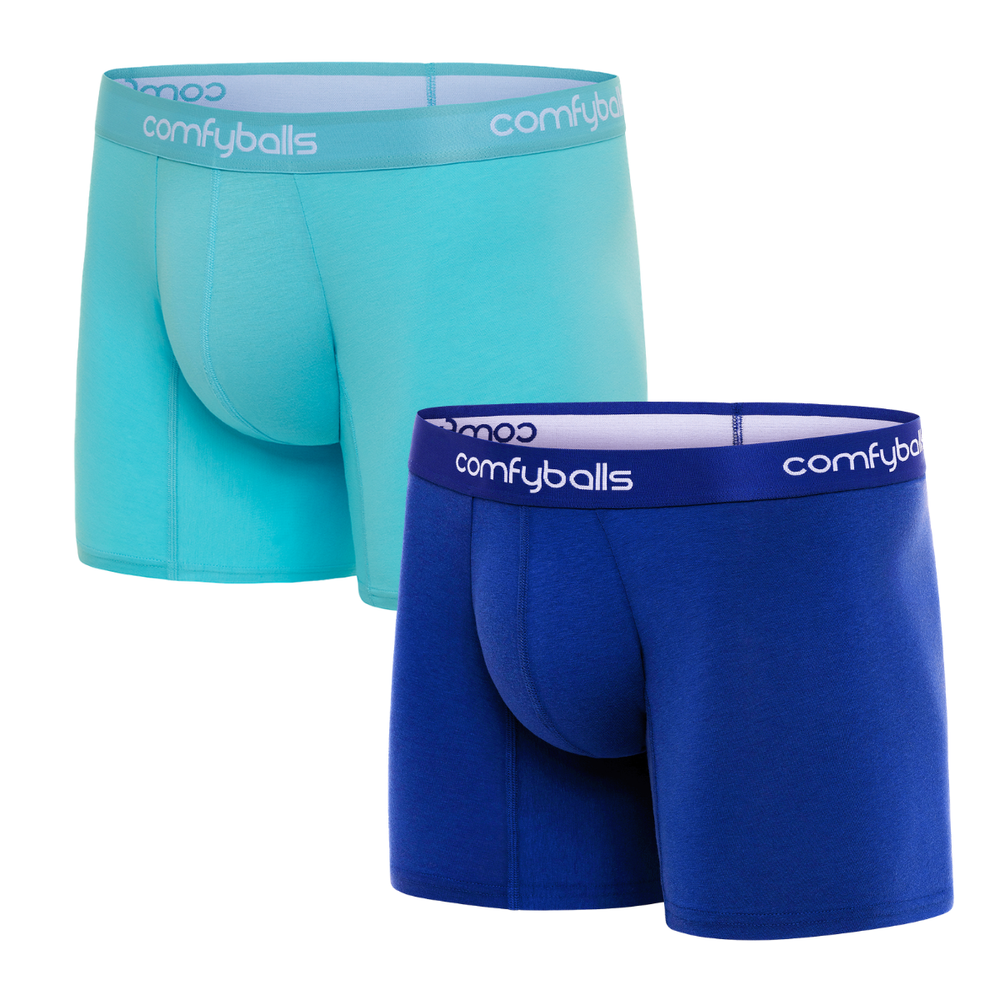 fit:regular | qty:1x | menge:1x | Two pairs of Comfyballs Comfycel men's LONG length boxer briefs, one blue and one sky blue, displayed against a solid white background.