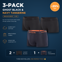 fit:regular | qty:1x | menge:1x | Comfyballs Cotton 3-Pack Regular – 2× Ghost Black, 1× Navy Tangerine