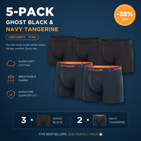 fit:long | qty:1x | menge:1x | Comfyballs Cotton 5-Pack Long – 3× Ghost Black, 2× Navy Tangerine