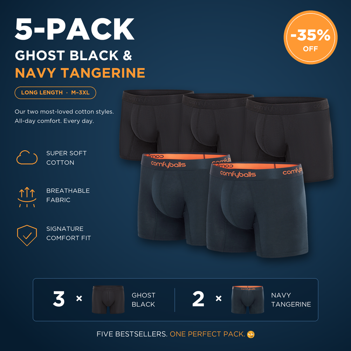 fit:long | qty:1x | menge:1x | Comfyballs Cotton 5-Pack Long – 3× Ghost Black, 2× Navy Tangerine