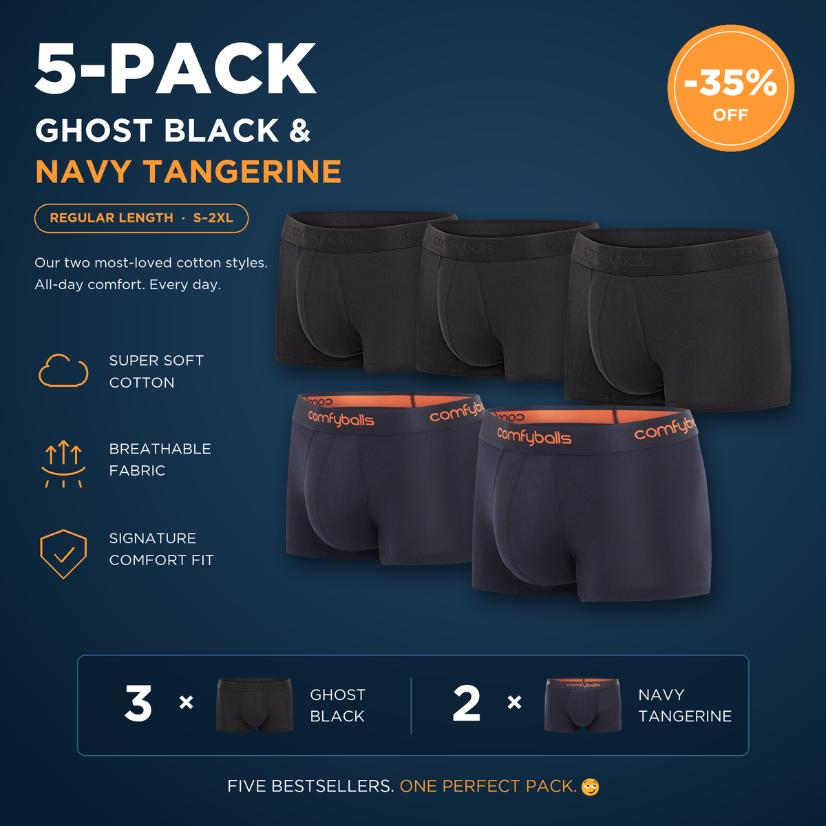 fit:regular | qty:1x | menge:1x | Comfyballs Cotton 5-Pack Regular – 3× Ghost Black, 2× Navy Tangerine
