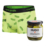 Green underwear with pickle pattern and a jar of Hugo pickles on a white background
