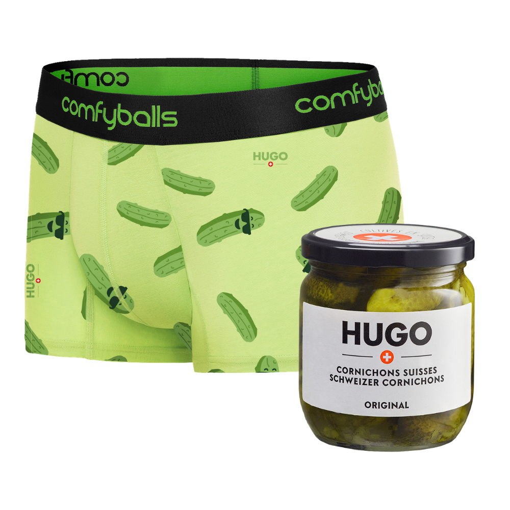Green underwear with pickle pattern and a jar of Hugo pickles on a white background