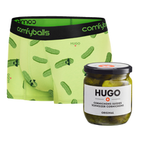 Green underwear with pickle pattern and a jar of Hugo pickles on a white background