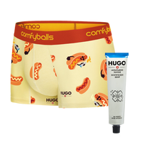 Boxer briefs with hot dog pattern and a tube of HUGO mustard on a white background