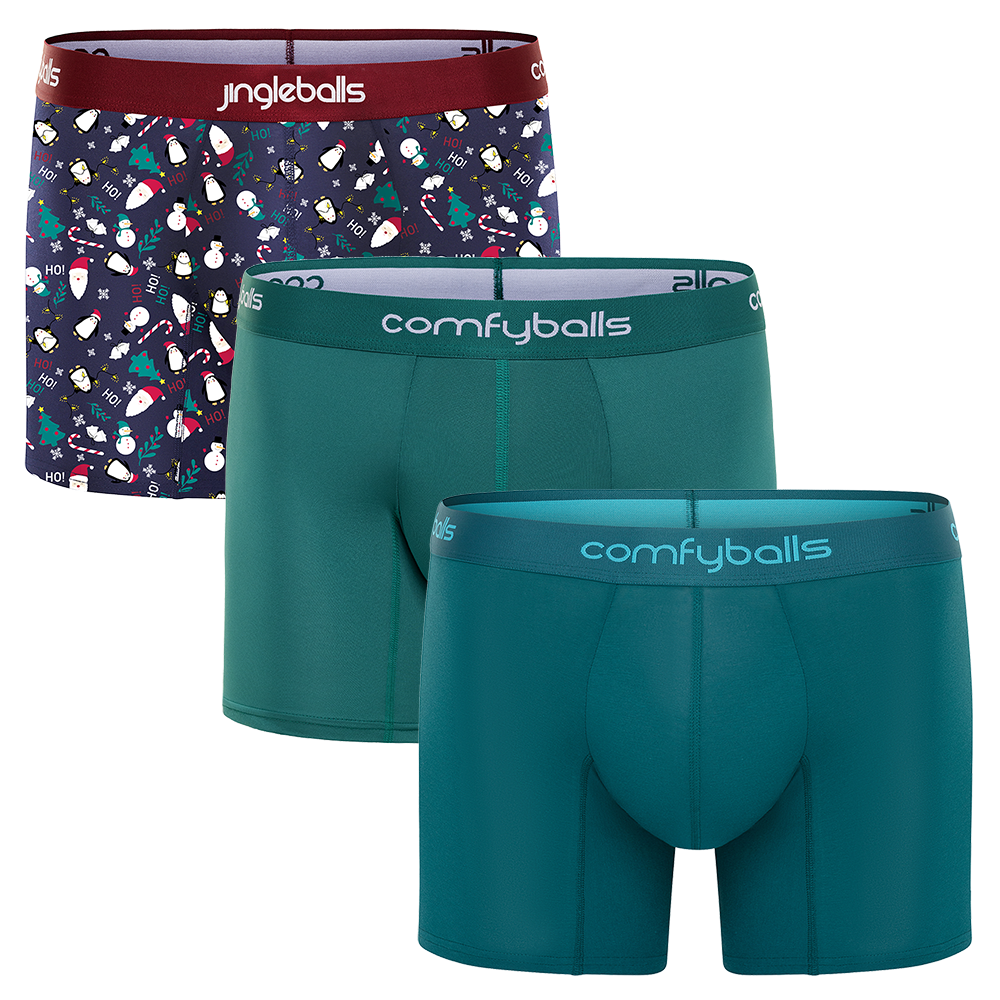 Three pairs of men's underwear with 'jingleballs' and 'comfyballs' branding on a white background.