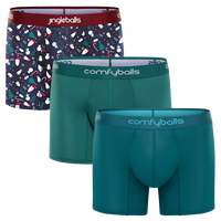 Three pairs of men's underwear with 'jingleballs' and 'comfyballs' branding on a white background.