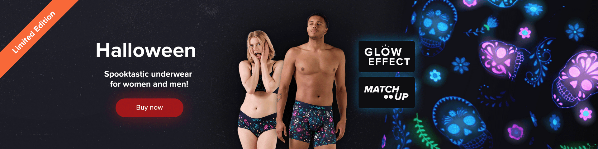 Halloween celebrated in matching Comfyballs boxers and underwear for women and men.